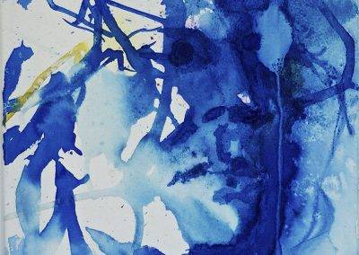 Experimenteel blauw vlekkerig portretschilderij van Jofke in inkt, 30 x 40 cm