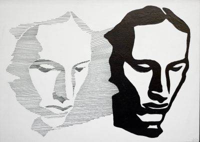 Zwart wit duoportret schilderij in silhouet, door Jofke, 50 x 70 cm
