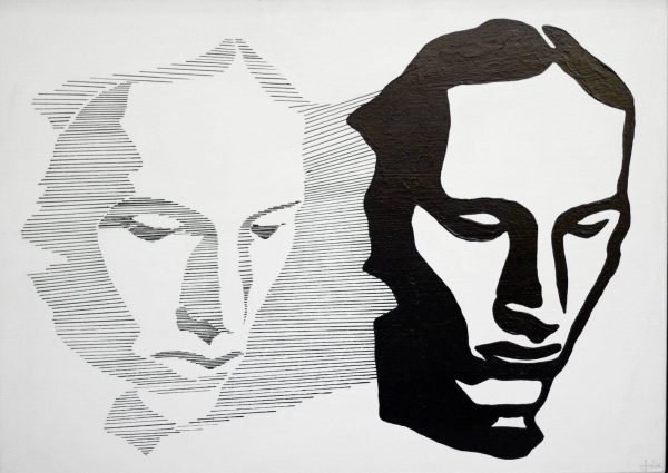 Black and white duoportrait painting in silhouette, by Jofke, 50 x 70 cm