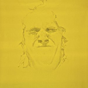 Portrait on yellow background, made up of black dots, by Jofke