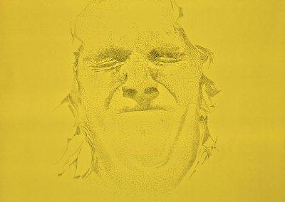 Portret op gele achtergrond, opgebouwd uit zwarte puntjes, door Jofke