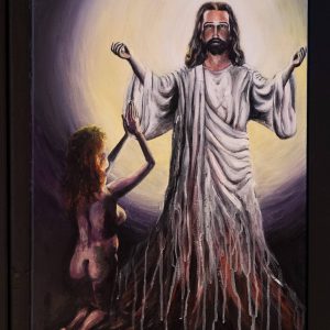 Oil painting Jesus with kneeling naked woman, by Jofke