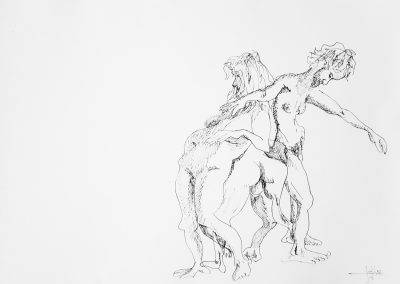 Pentekening van 3 naakt intiem dansende mensen, door Jofke