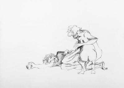 Pentekening van 3 naakt intiem dansende mensen door Jofke