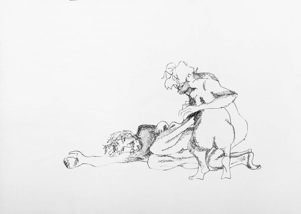 Pendrawing of 3 naked intimate dancing people, by Jofke