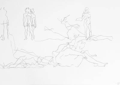 Tekening van 100 x 70 cm van bewegende mensen in de ruimte, door Jofke