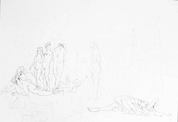 Drawing of 100 x 70 cm of moving people in space, by Jofke