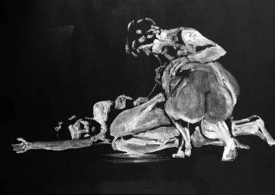Studie van geschilderde naakte mensen die met elkaar dansen op een zwarte ondergrond, door Jofke