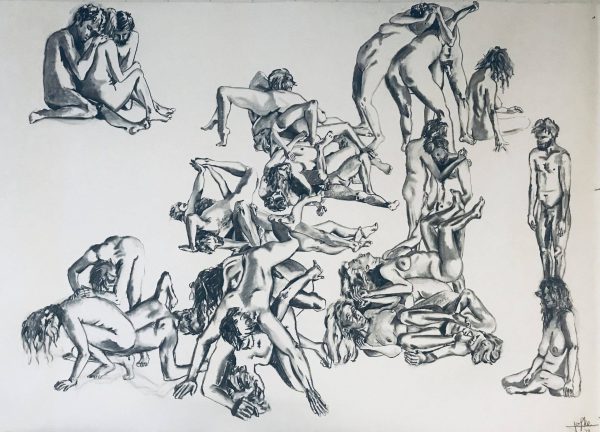 Charcoal drawing of naked people in contact, 200 x 150 cm