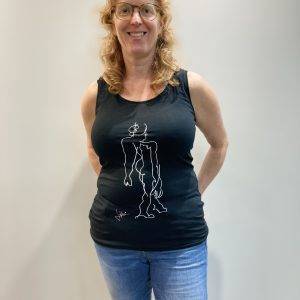 Black camisole with figure drawn blind by Jofke.