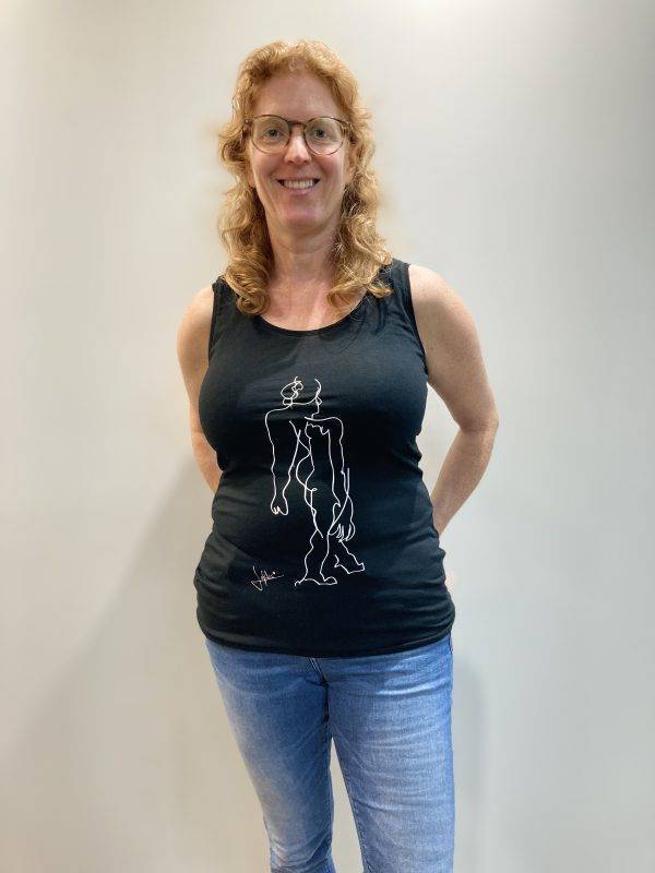 Black camisole with figure drawn blind by Jofke.