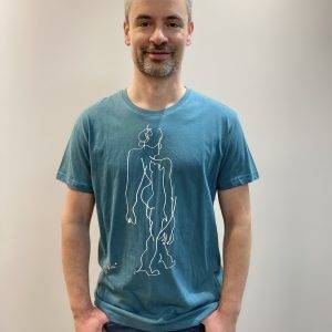 Turquoise T-shirt with figure drawn blind by Jofke