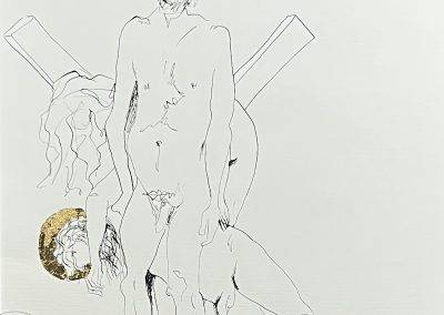 Study contact improvisation, oriental ink, gold leaf on paper, 50x70cm, 2022